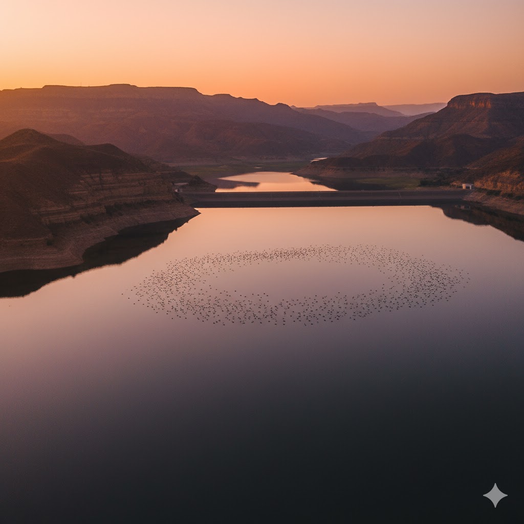 Scenic view of Hub Dam with birds flying over calm waters.