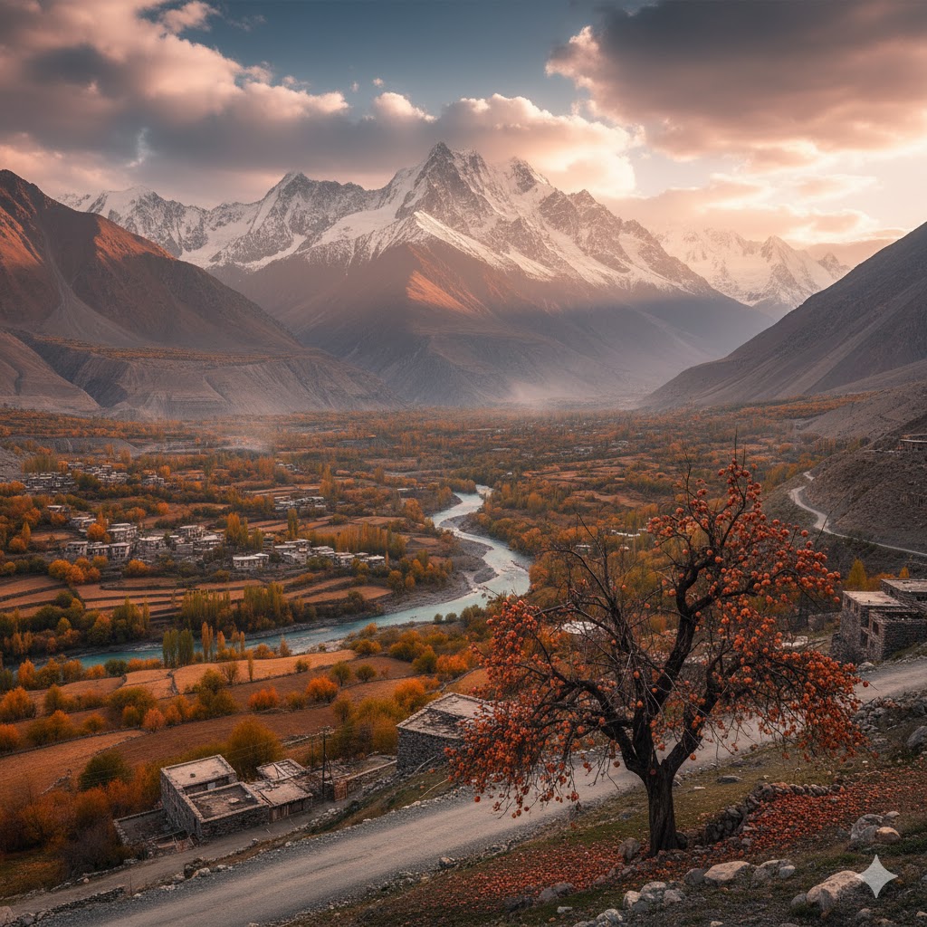 Scenic view of Hunza Valley with Rakaposhi mountain in the background, showcasing the natural heritage beauty