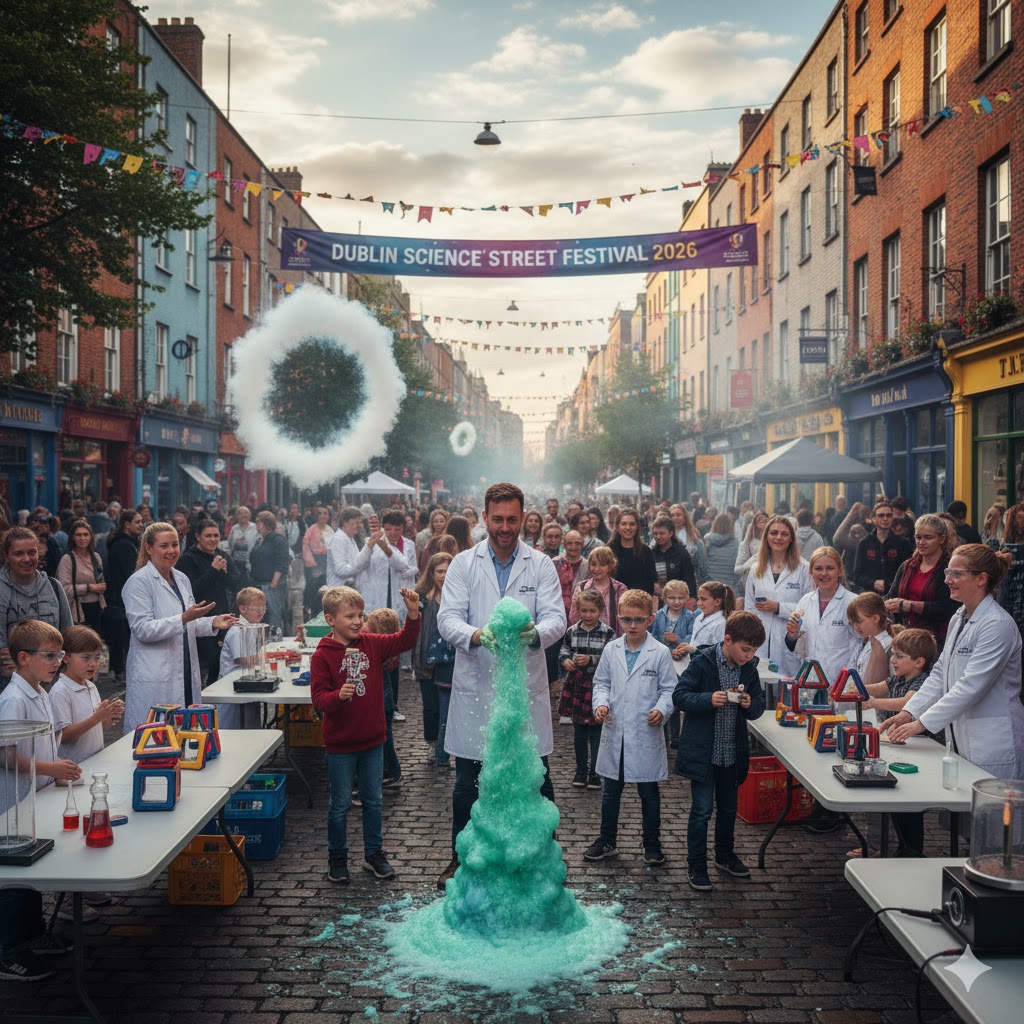 Scientists and families enjoying interactive science experiments in Dublin streets.