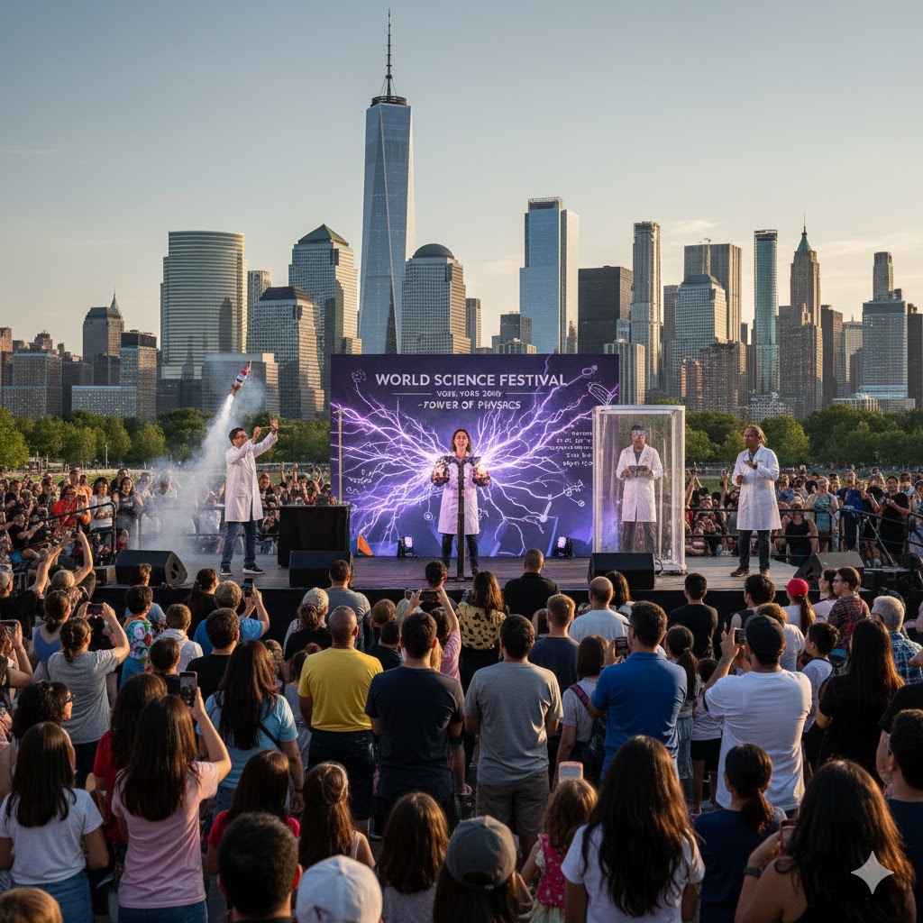 Scientists demonstrating physics experiments at World Science Festival New York.