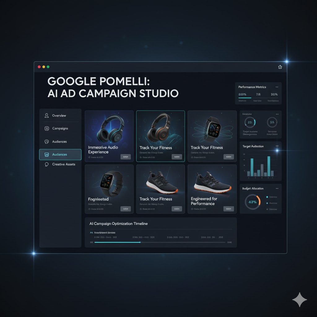 Screenshot mockup of the Google Pomelli dashboard showing AI-generated ad templates