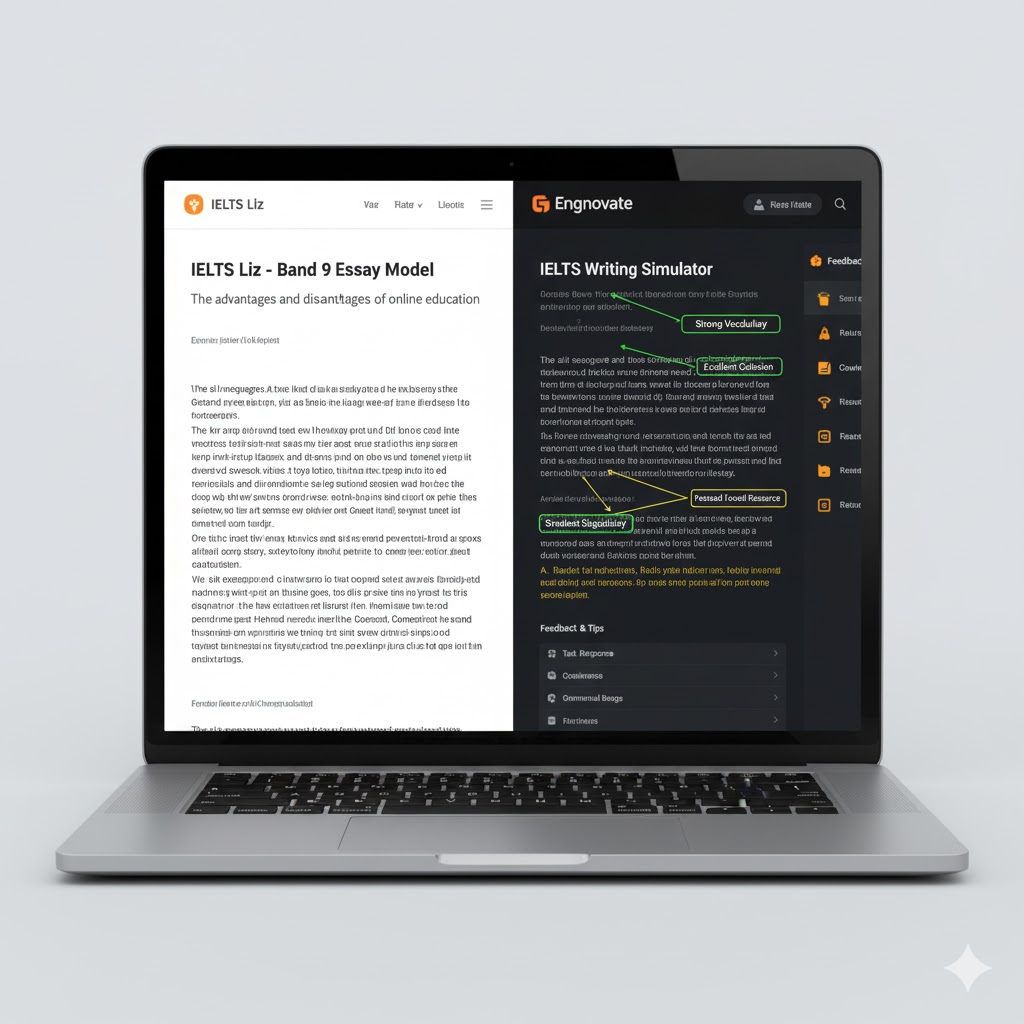 Screenshot of IELTS Liz Band 9 essay model displayed beside Engnovate writing AI feedback