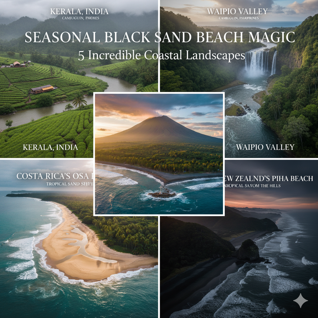 Seasonal black sand beach collage featuring Kerala, Hawaii, Costa Rica, and Camiguin during monsoon season