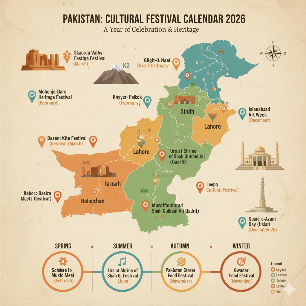 Seasonal cultural itinerary map showing Pakistan’s major festivals across provinces in 2026