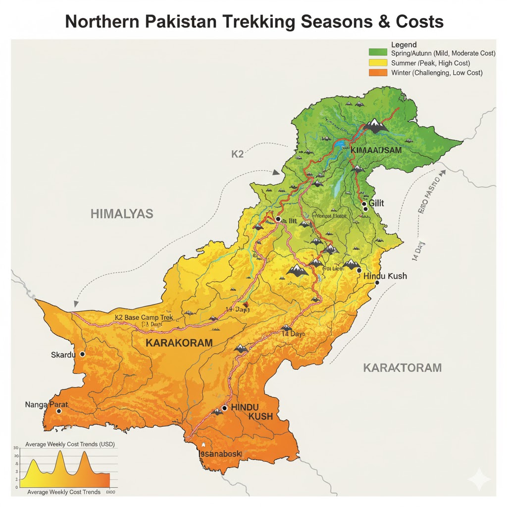 Seasonal trekking map of northern Pakistan