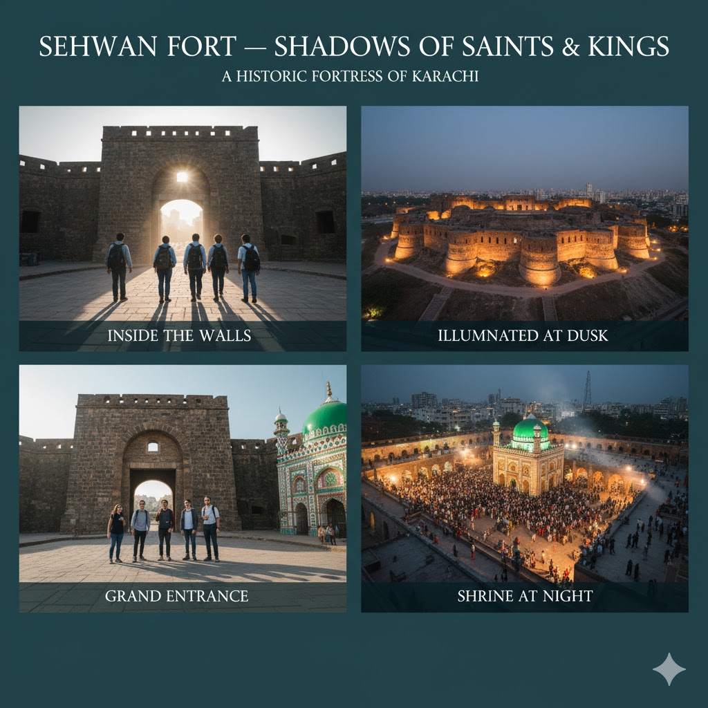 Sehwan Fort illuminated at dusk near Lal Shahbaz Qalandar shrine
