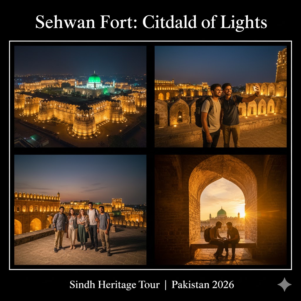 Sehwan Fort near Lal Shahbaz Qalandar shrine glowing under night lamps, heritage forts of Sindh