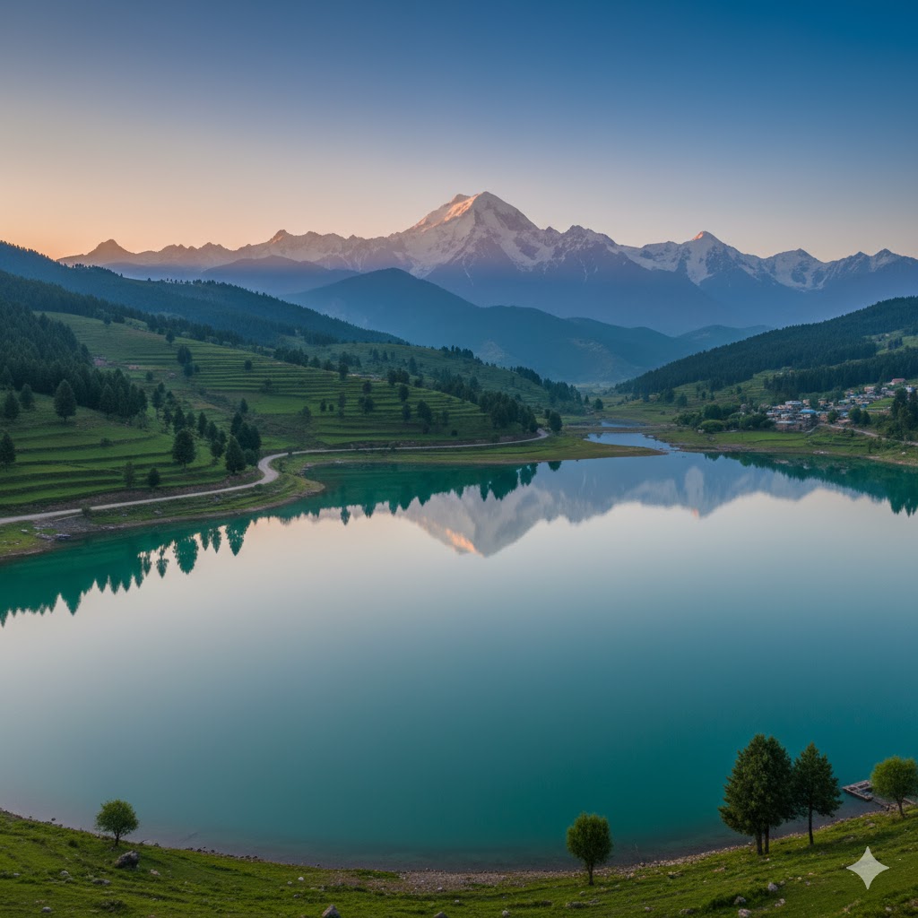 Serene Phandar Lake surrounded by green hills and mountains with a clear reflection on the water Serene Phandar Lake surrounded by green hills and mountains with a clear reflection on the water