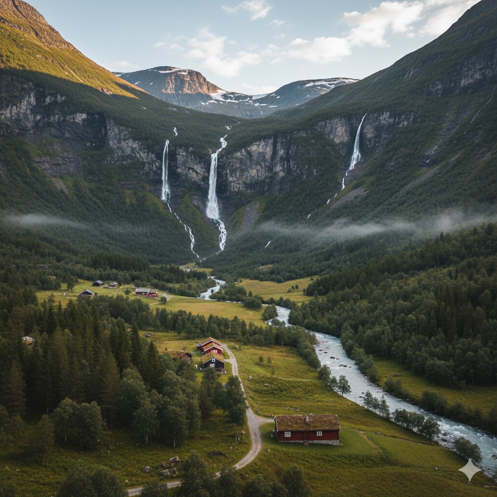Serene glacial valley with waterfalls and wooden cabins in Norway.