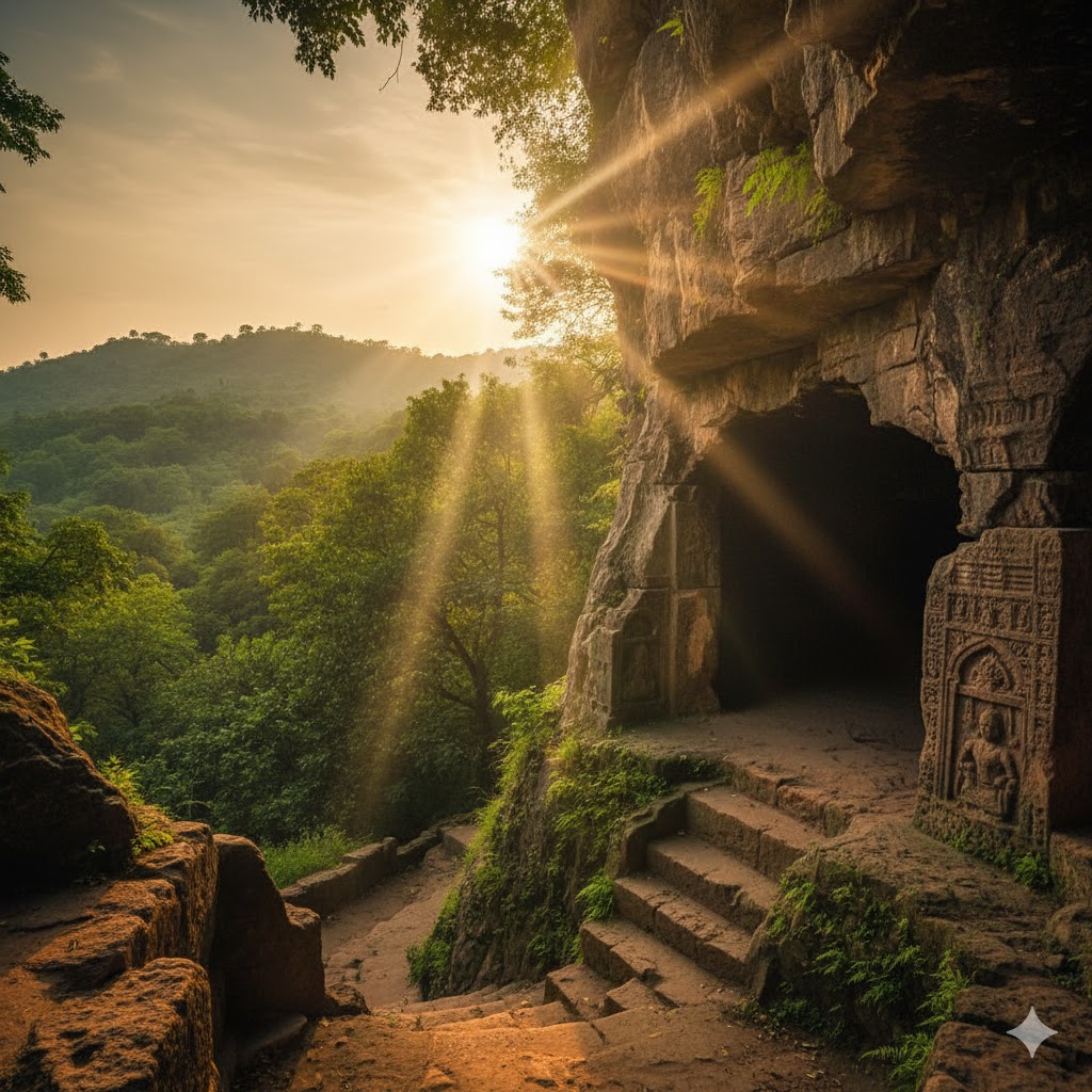 Shah Allah Ditta caves near Islamabad with ancient rock carvings and green hills backdrop.