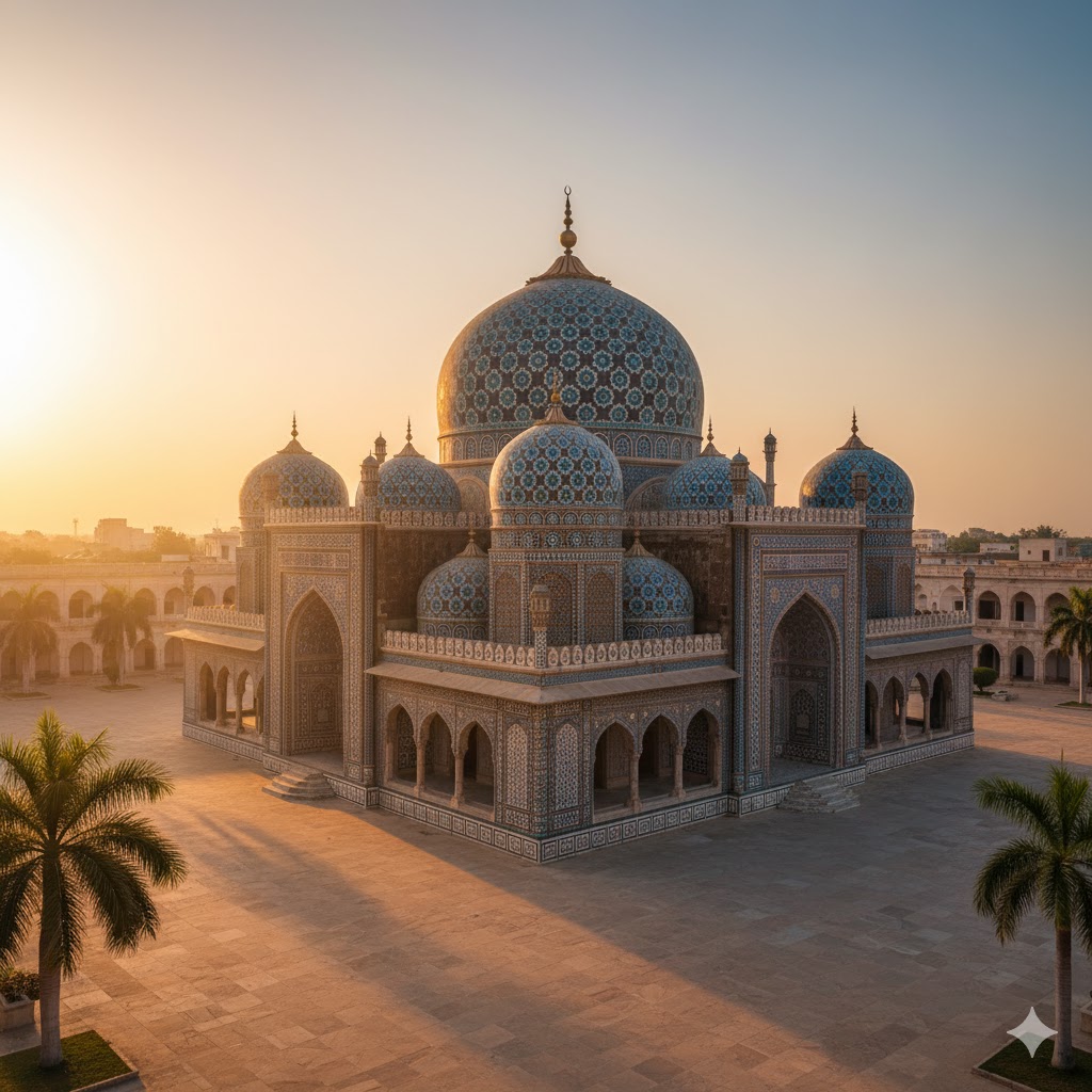 Shah Jahan Mosque in Thatta, showcasing blue tiles and geometric domes under Sindh’s golden sky.