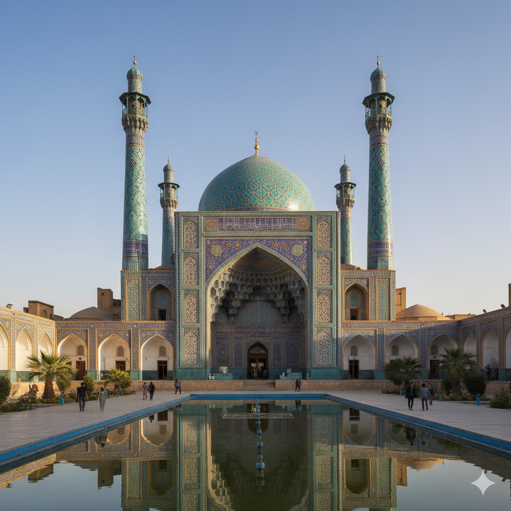Shah Mosque with blue mosaic domes in Isfahan, Iran
