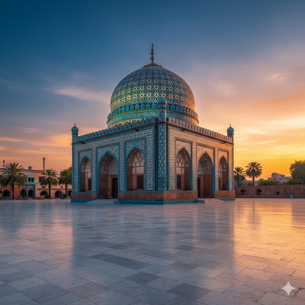Shah Rukn-e-Alam Shrine dome glowing with blue tiles at sunset in Multan