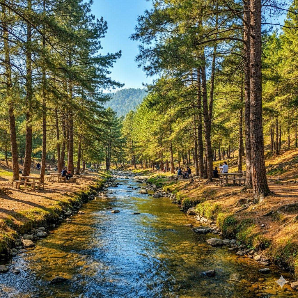 Shahdara Valley stream running through pine trees and picnic tables under shade