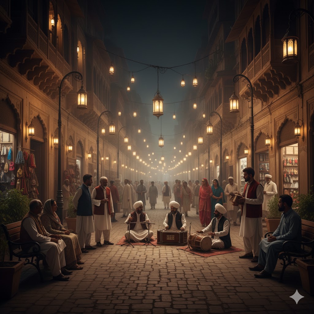 Shahi Guzargah restored street with traditional musicians and lanterns