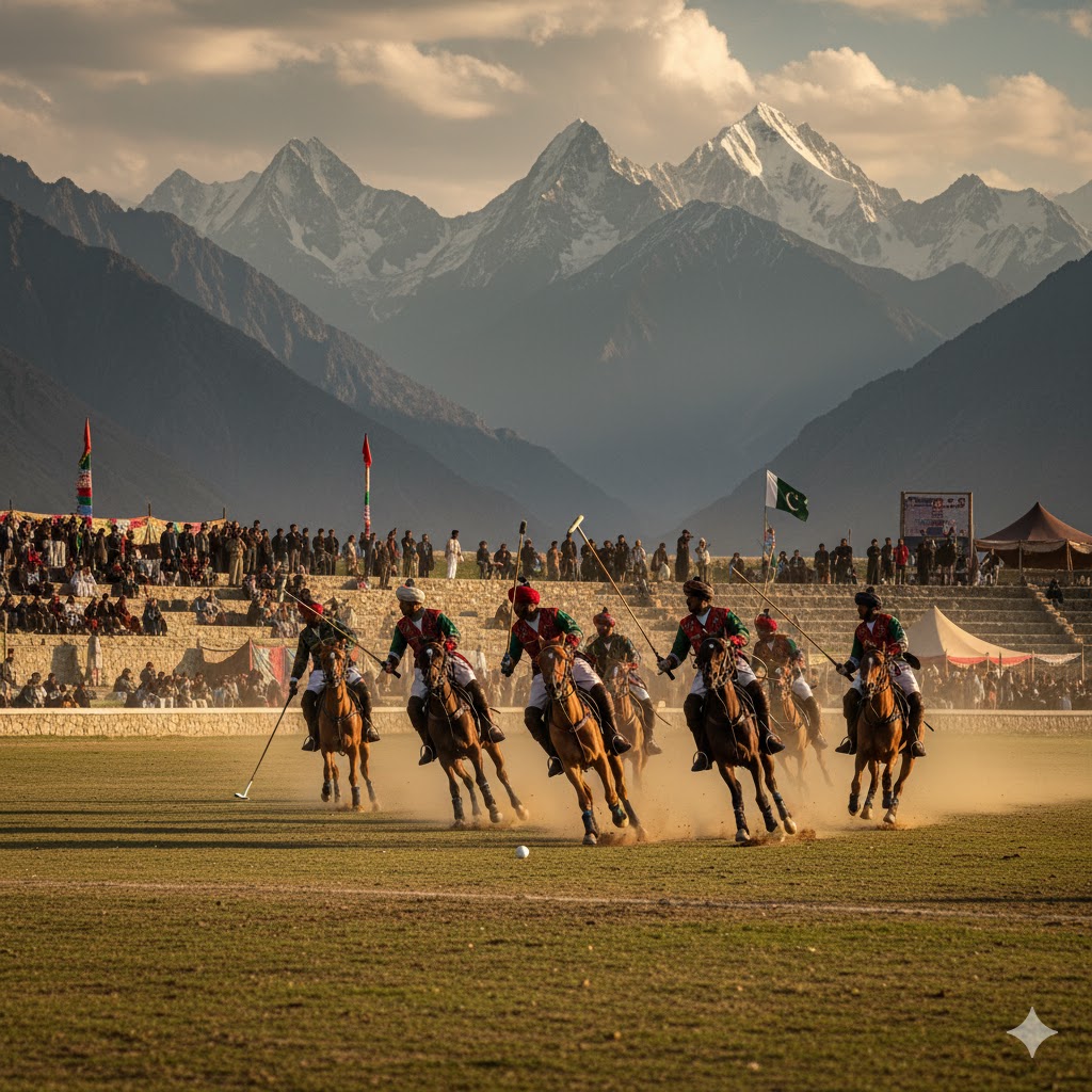 Shandur Polo Festival with players competing on the world’s highest polo ground and mountains in background.