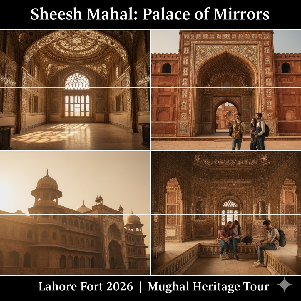 Sheesh Mahal inside Lahore Fort glowing under sunlight, Mughal architecture heritage in Pakistan