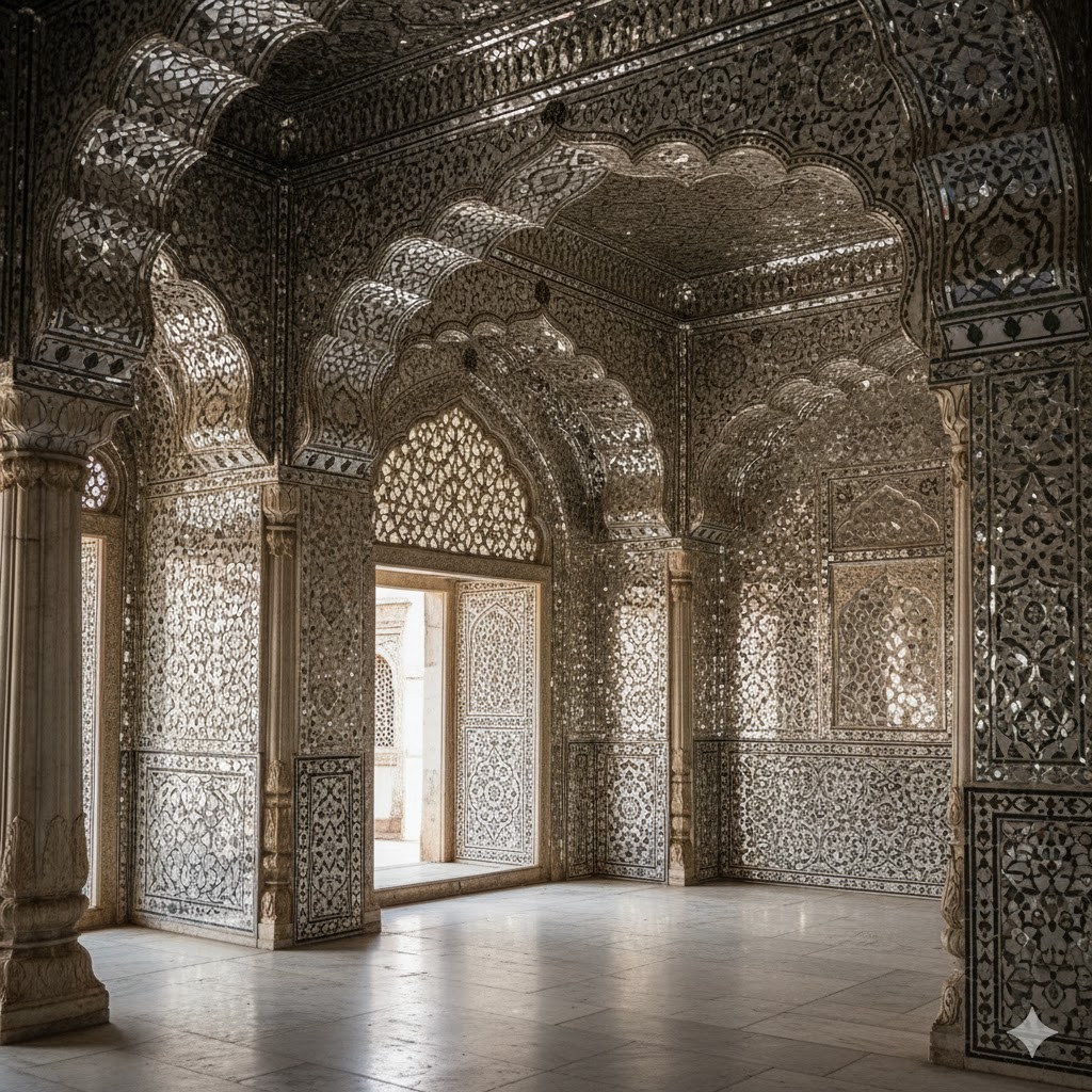 Sheesh Mahal interior with mirror mosaics sparkling in natural sunlight