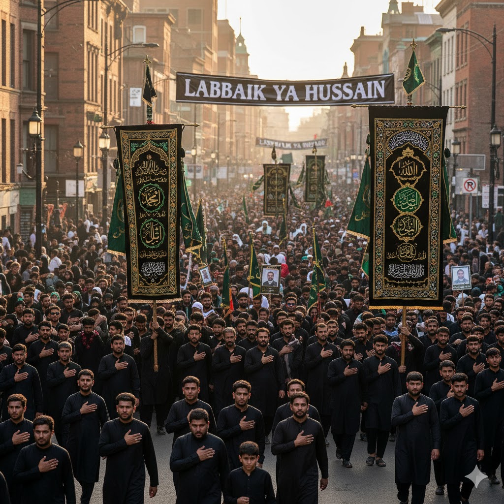 Shia community participating in Ashura procession with banners