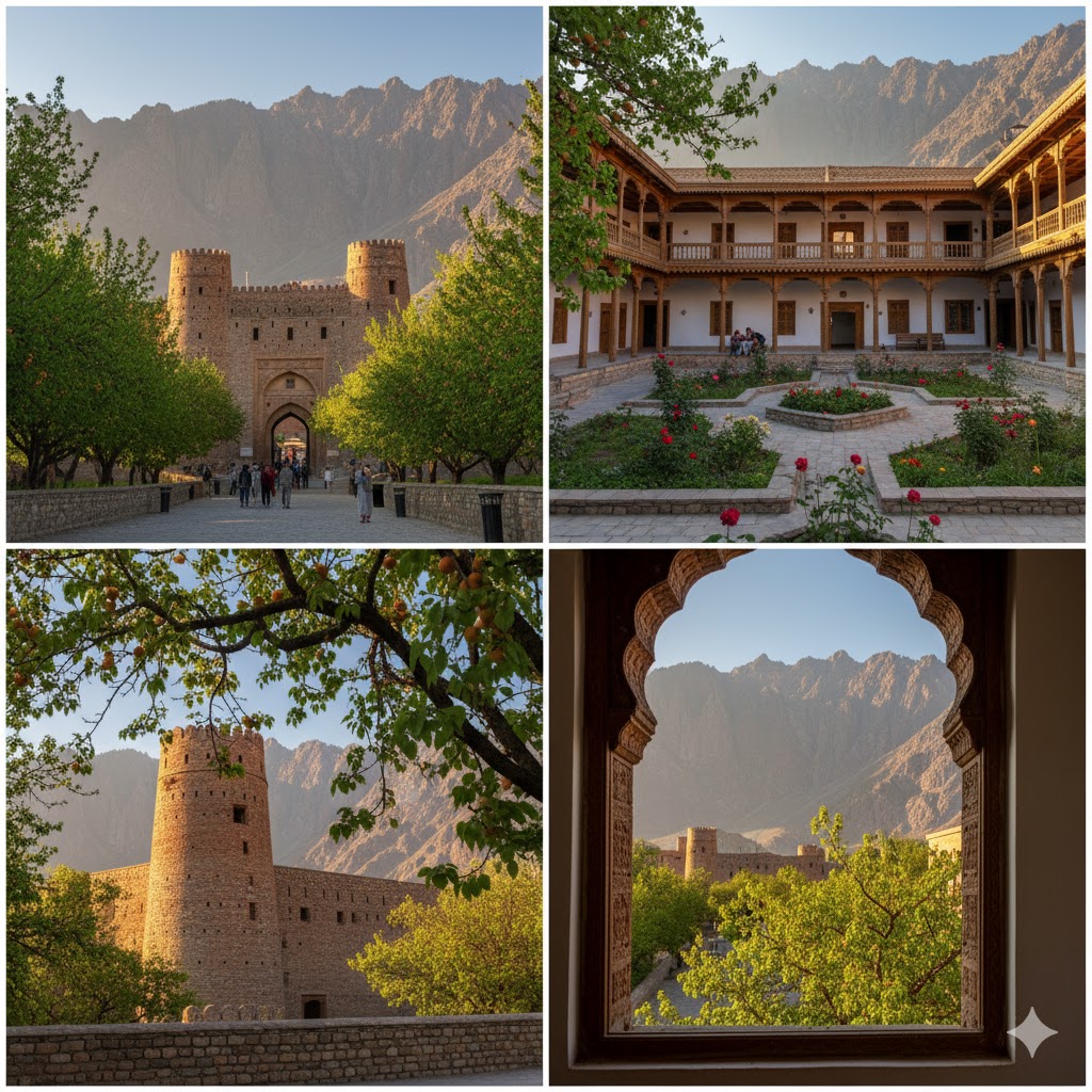Shigar Fort surrounded by apricot trees with mountains behind, under golden afternoon light.