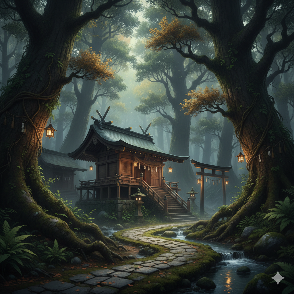 Shinrin shrine nestled among giant trees in Whispering Woods