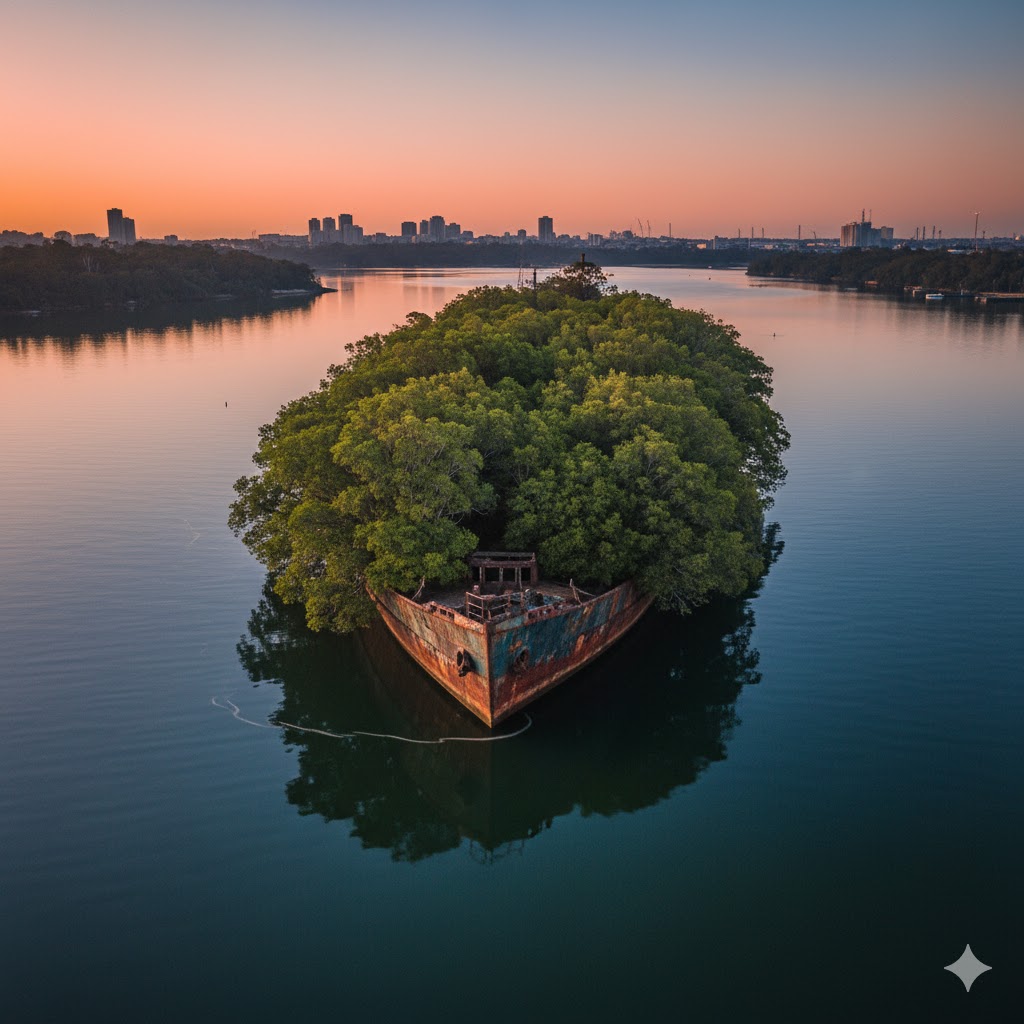 Shipwreck covered with mangrove trees floating in Sydney’s Homebush Bay.
