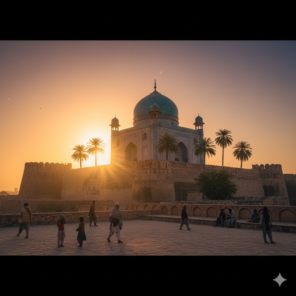 Shrine of Shah Rukn-e-Alam glowing under golden sunset atop Multan Fort.