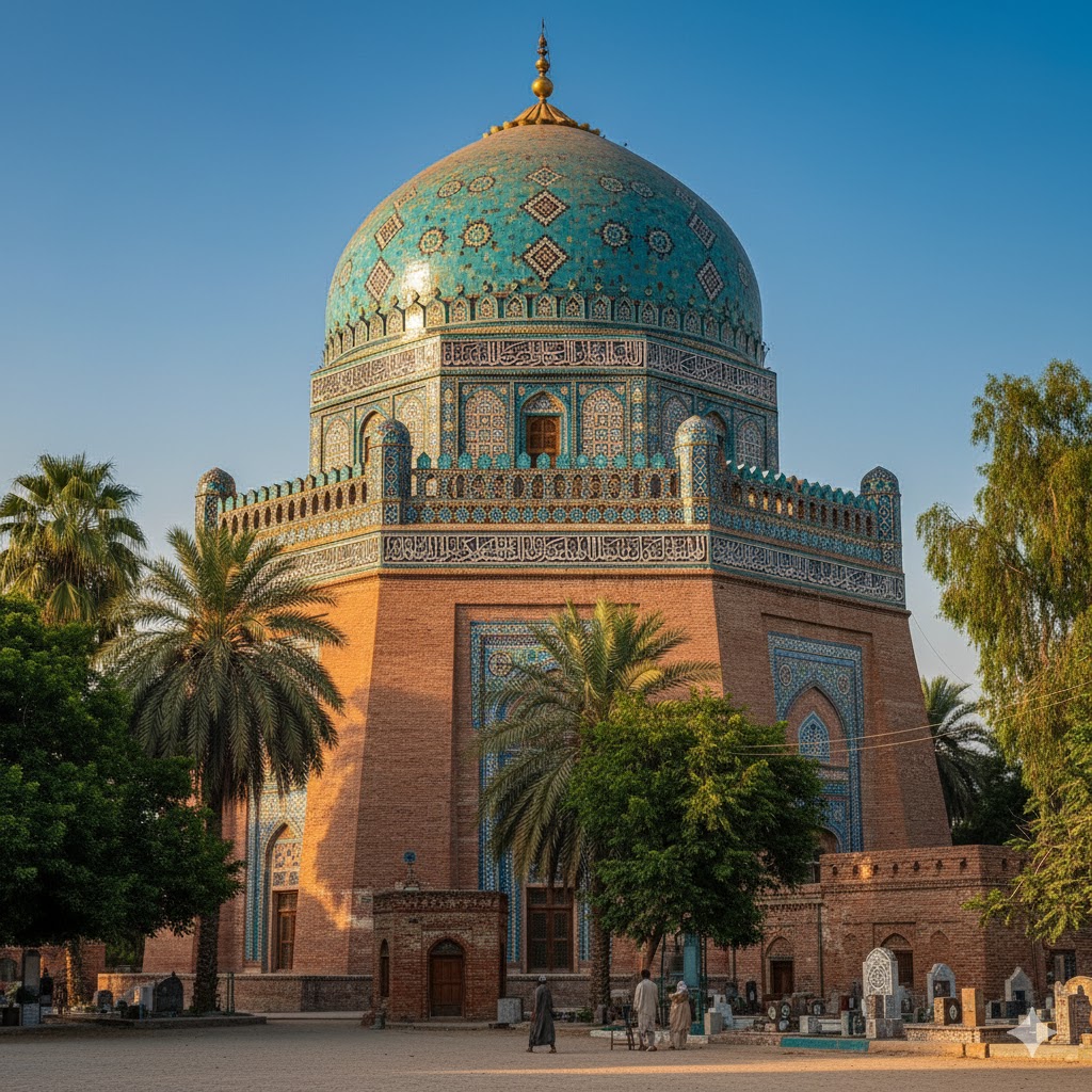 Shrine of Shah Rukn-e-Alam under blue-tiled dome shining in sunlight