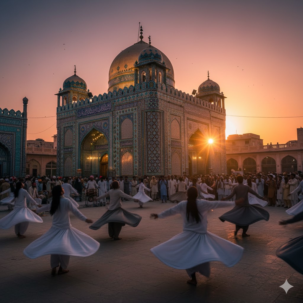Shrine of Shah Shams Tabrez illuminated at sunset with devotees performing dhamaal in Multan Shrine of Shah Shams Tabrez illuminated at sunset with devotees performing dhamaal in Multan