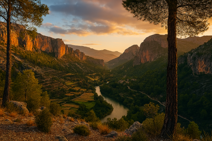 Sierra Echo Canyons Golden-sunset-over-Sierra-Echo-Canyons-in-Spain,-with-rugged-cliffs,-winding-paths,-and-pine-trees
