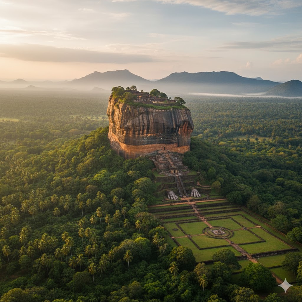 Sigiriya Rock Fortress rising above lush forest, Sri Lanka