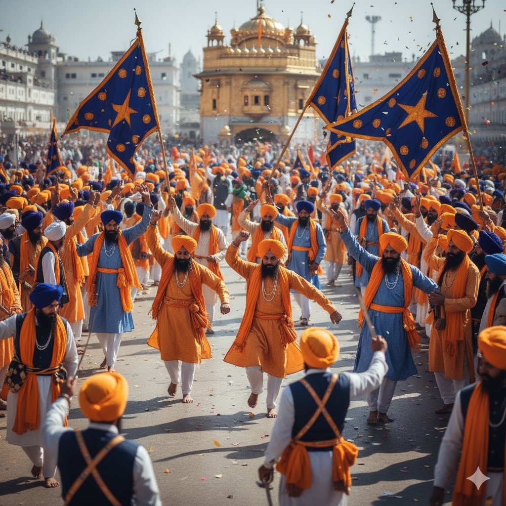 Sikh devotees dancing and waving flags during Vaisakhi parade in Amritsar