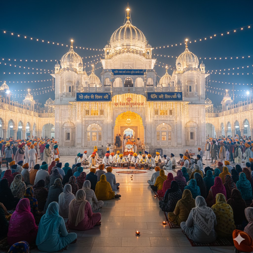 Sikh devotees participating in Guru Nanak Gurpurab celebrations at Gurdwara Janam Asthan, Nankana Sahib.