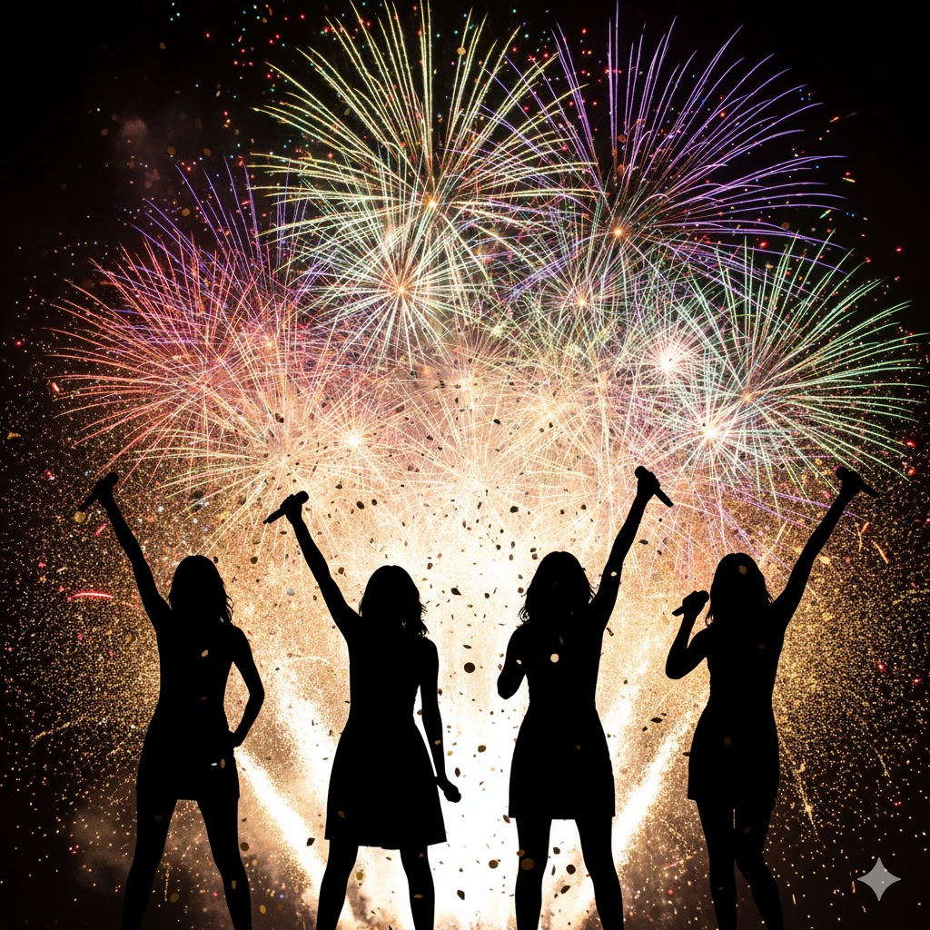 Silhouettes of four women holding microphones with fireworks behind them Silhouettes of four women holding microphones with fireworks behind them