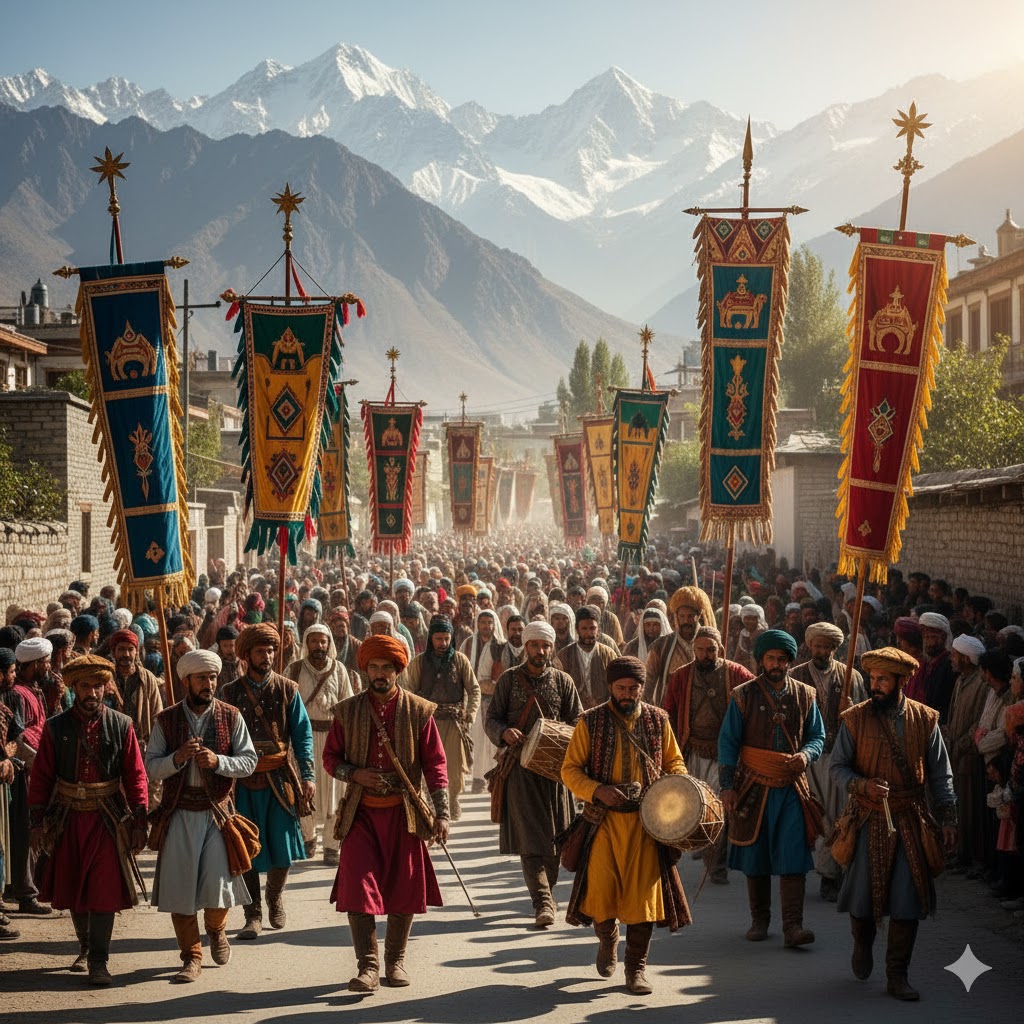 Silk Route Festival parade in Karimabad with locals dressed in historical costumes and colorful banners
