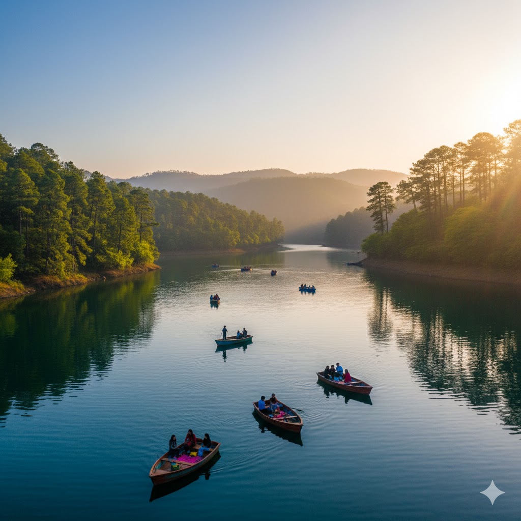 Simly Dam near Islamabad with calm blue waters, pine trees, and picnic boats.