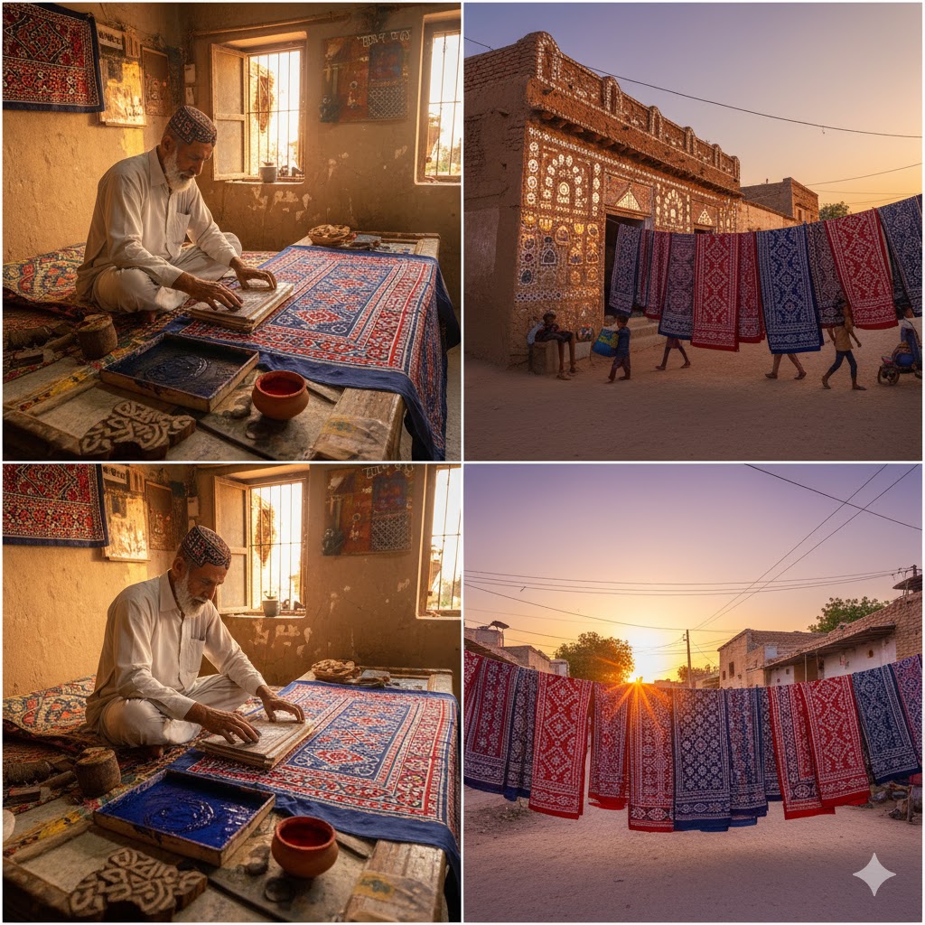 Sindhi artisan making Ajrak fabric in Hala village workshop with traditional tools