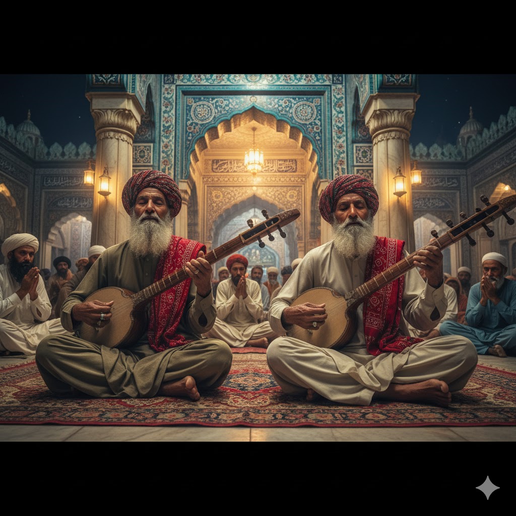 Sindhi musicians playing tambura at Shah Latif Bhittai Shrine in Bhit Shah Sindhi musicians playing tambura at Shah Latif Bhittai Shrine in Bhit Shah