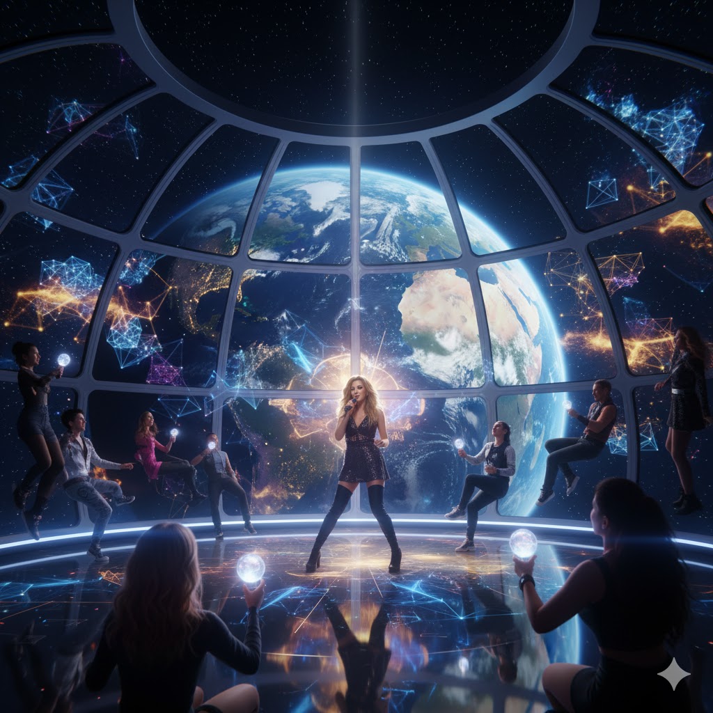 Singer performing with holographic visuals projected across capsule window showing Earth.