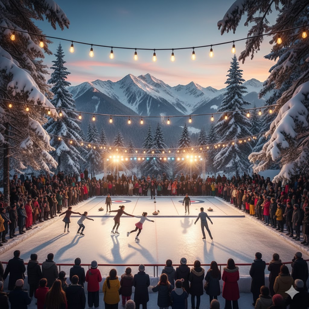 Skaters performing during Ice Skating and Curling Gala at Malam Jabba with audience watching under snow-covered trees.