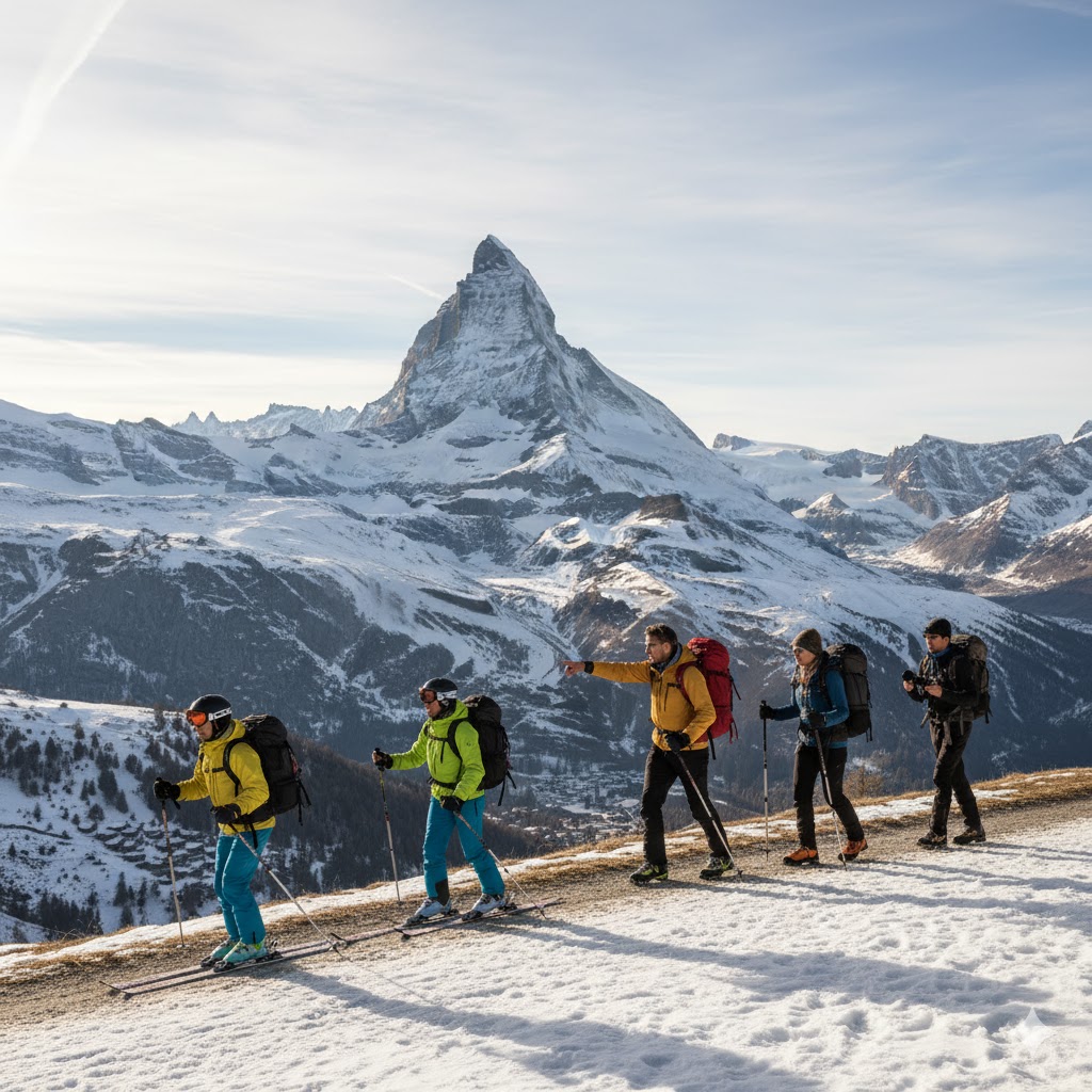 skiers and hikers sharing a panoramic trail overlooking the Matterhorn peak in Switzerland: