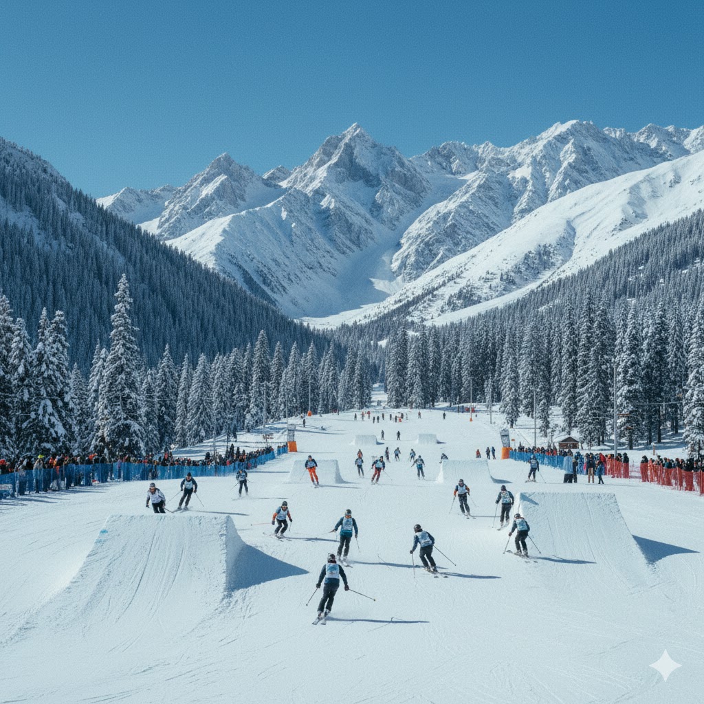 Skiers competing on snowy Naltar slopes surrounded by tall pines and mountains