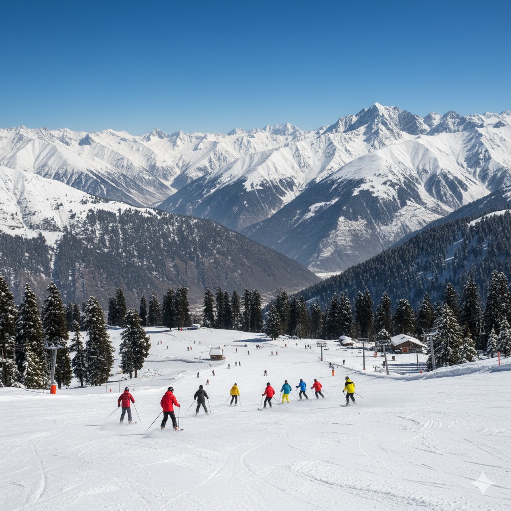 Skiers gliding down Naltar Valley’s snow-covered slopes under a clear blue winter sky