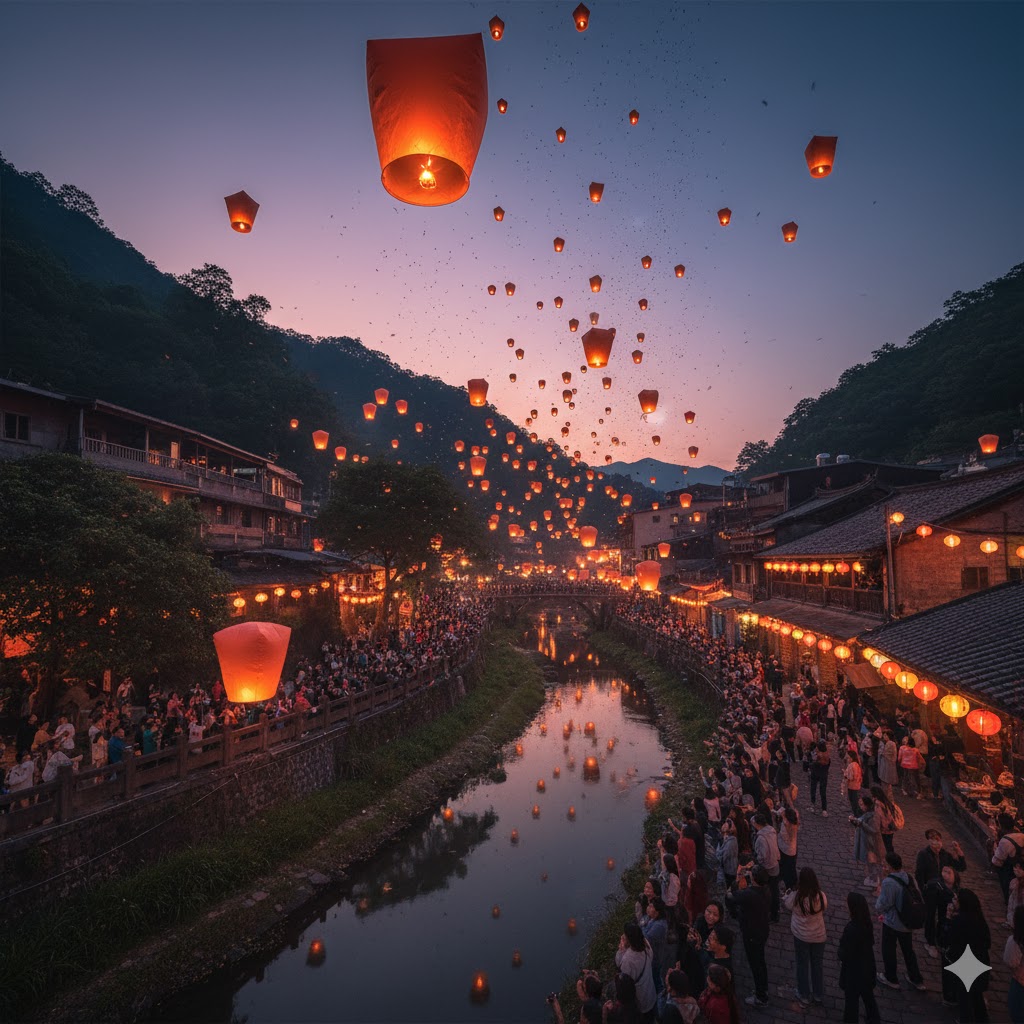 Sky lanterns illuminating a river in Pingxi, Taiwan during Lantern Festival
