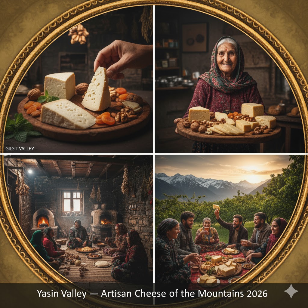  Slices of homemade Yasin Valley cheese with apricots and nuts on a wooden platter