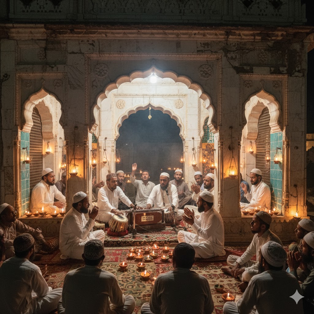 Small gathering of devotees performing qawwali and lighting lamps at Nain Sharif shrine in Dadu.
