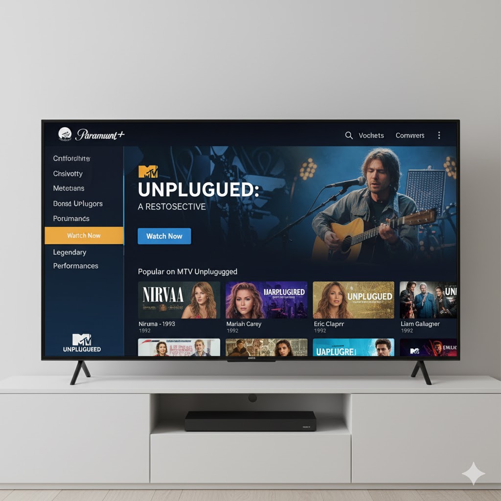 Smart TV displaying Paramount Plus interface with MTV Unplugged videos 
