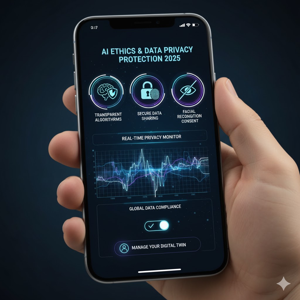 Smartphone screen showing AI ethics and data privacy protection 2025