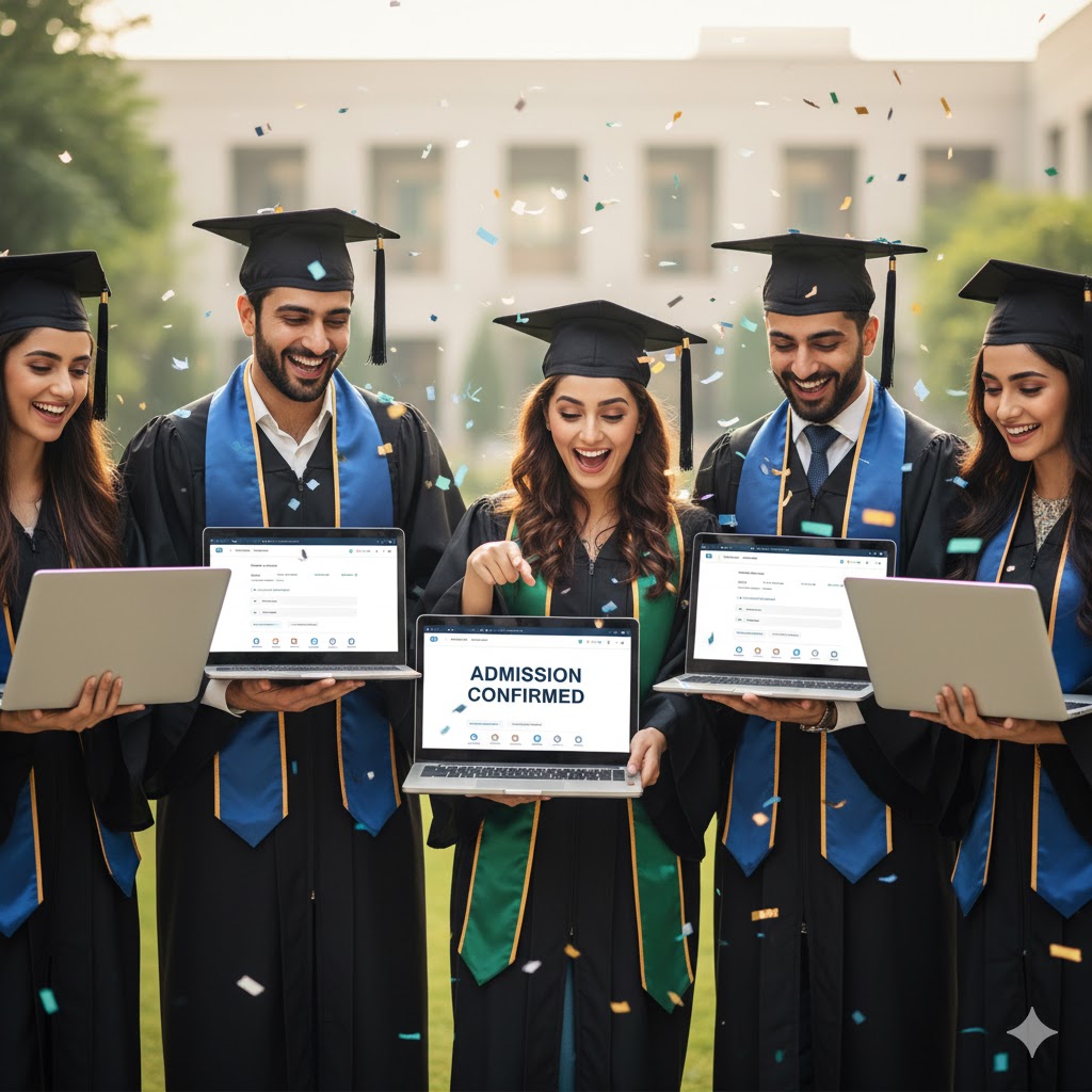 Smiling students in graduation gowns holding laptops after online admission confirmation