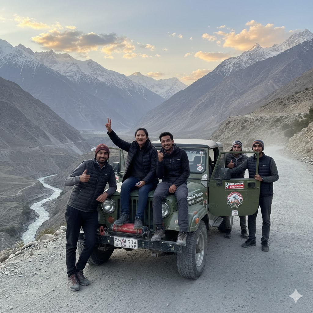 Smiling university students posing with their jeep on a mountain road in Northern Pakistan
